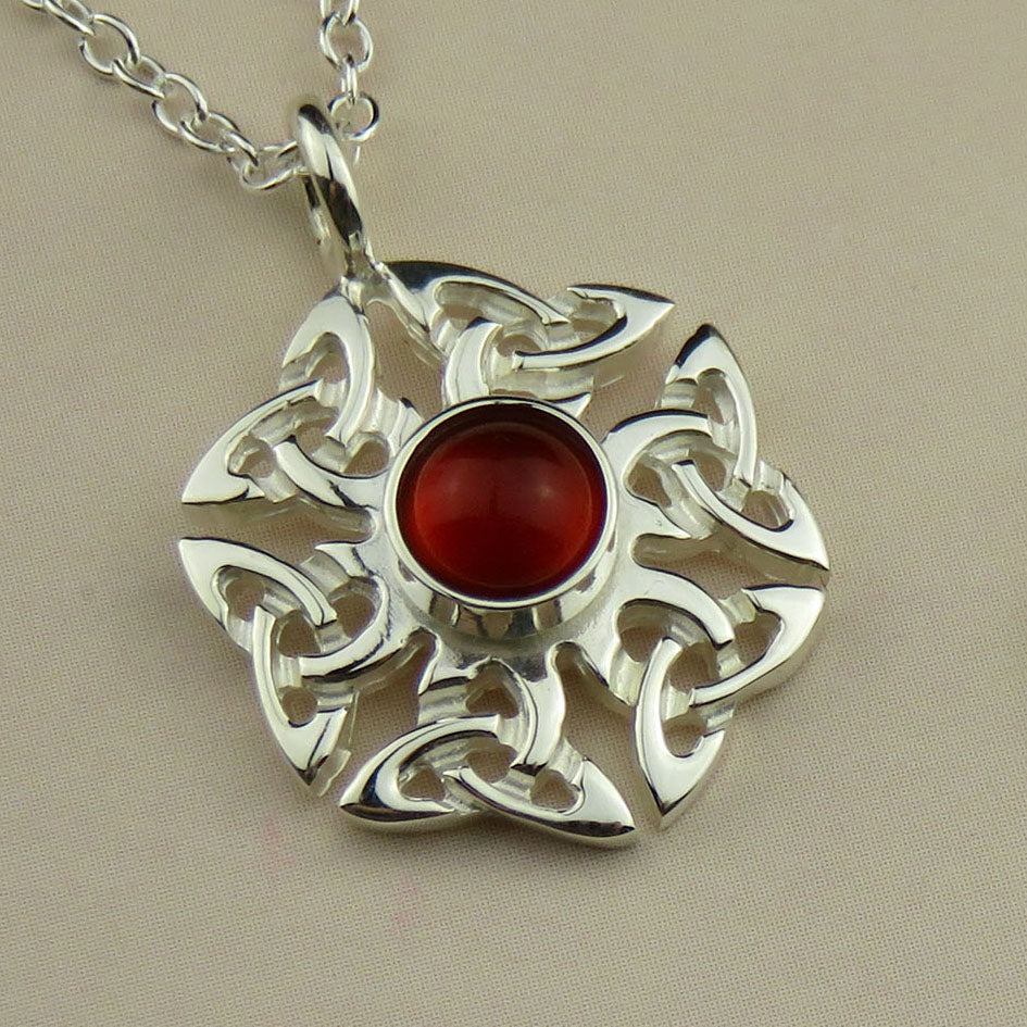 Carnelian birthstone Celtic knotwork silver pendant necklace