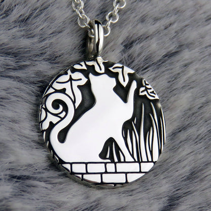 Cat on the Wall (pawing) silver pendant necklace