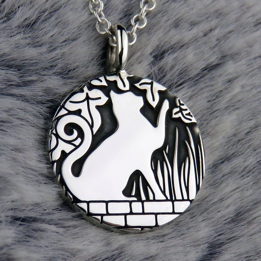 Cat on the Wall (pawing) silver pendant necklace