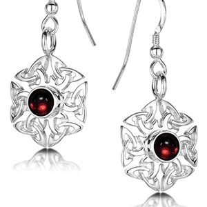 Celtic Knotwork birthstone silver dangle earrings - Garnet