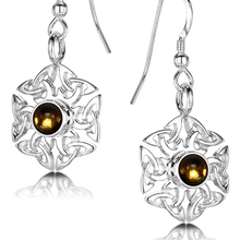 Celtic Knotwork birthstone silver dangle earrings - Citrine