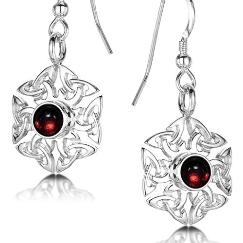Celtic Knotwork birthstone silver dangle earrings - Garnet
