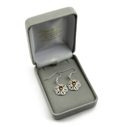 Citrine birthstone Celtic knotwork silver dangle earrings