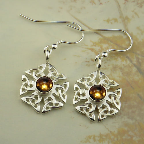 Citrine birthstone Celtic knotwork silver dangle earrings