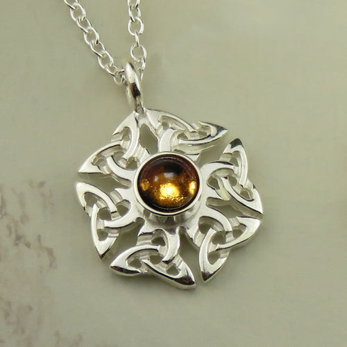 Citrine birthstone Celtic knotwork silver pendant necklace