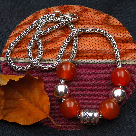 Colours of Autumn carnelian silver bead necklace with Skye Heron bead