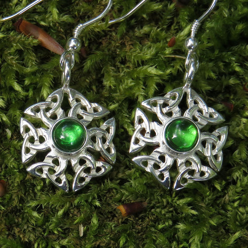 Emerald (artificial) birthstone Celtic knotwork silver dangle earrings