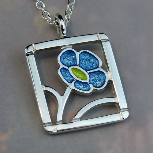 Forget-me-not square enamel silver pendant necklace
