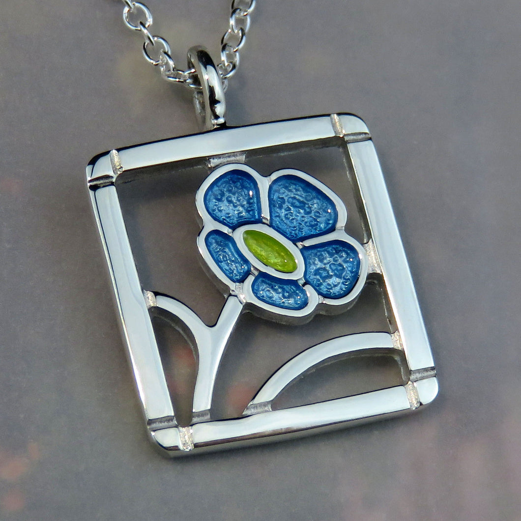 Forget-me-not square enamel silver pendant necklace