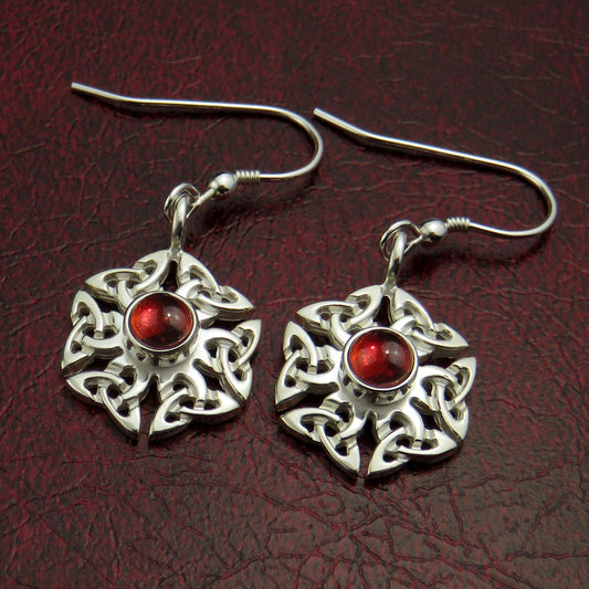 Garnet birthstone Celtic knotwork silver dangle earrings
