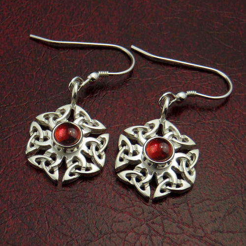 Garnet birthstone Celtic knotwork silver dangle earrings