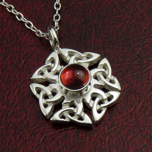 Garnet birthstone Celtic knotwork silver pendant necklace