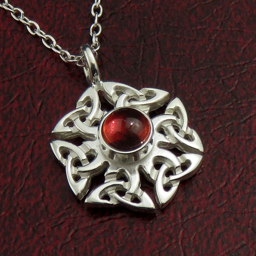 Garnet birthstone Celtic knotwork silver pendant necklace