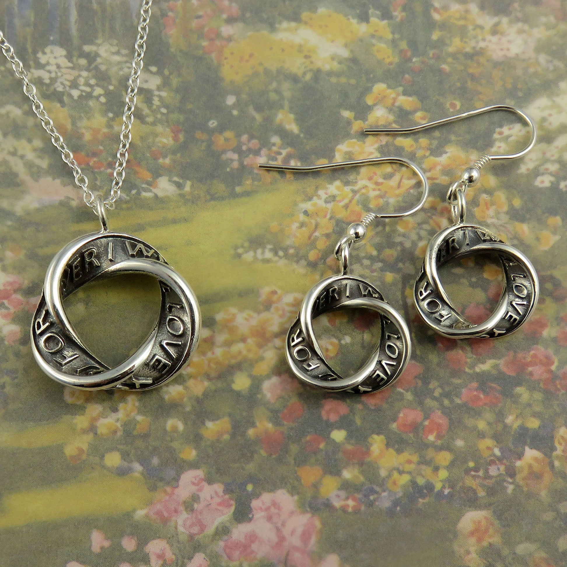 I Will Love You For Ever silver pendant necklace and dangle earrings set