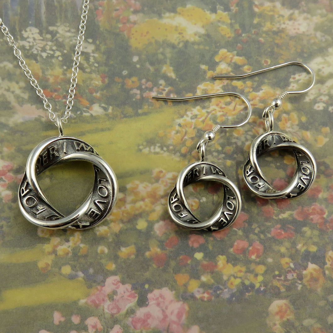 I Will Love You For Ever silver pendant necklace and dangle earrings set