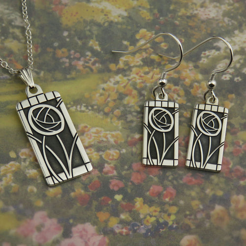 Mackintosh Rose silver pendant necklace and dangle earrings set