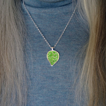 Promise of Spring leaf enamel silver pendant necklace