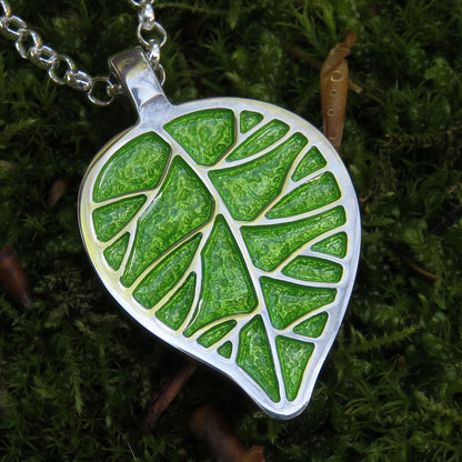 Promise of Spring leaf enamel silver pendant necklace