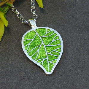 Promise of Spring leaf enamel silver pendant necklace