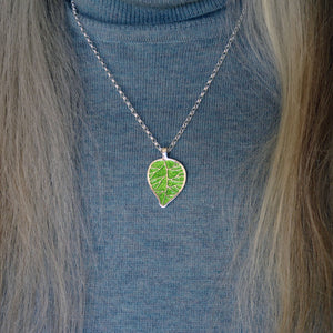 Promise of Spring leaf enamel silver pendant necklace