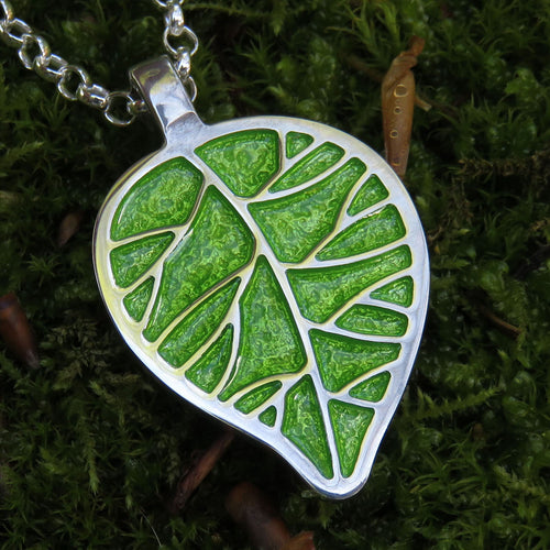 Promise of Spring leaf enamel silver pendant necklace