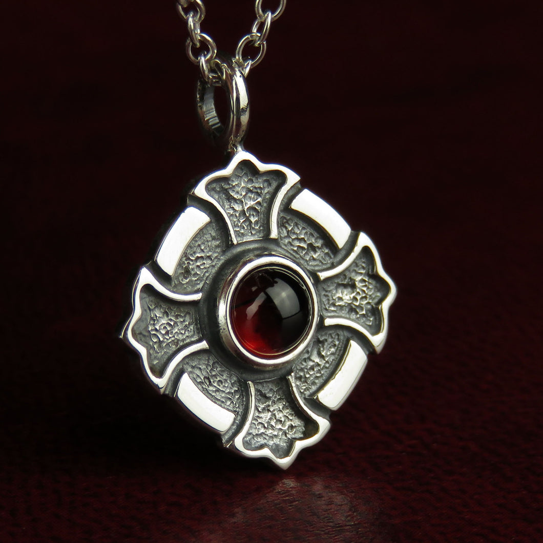 Rustic Cross silver pendant necklace with Garnet stone
