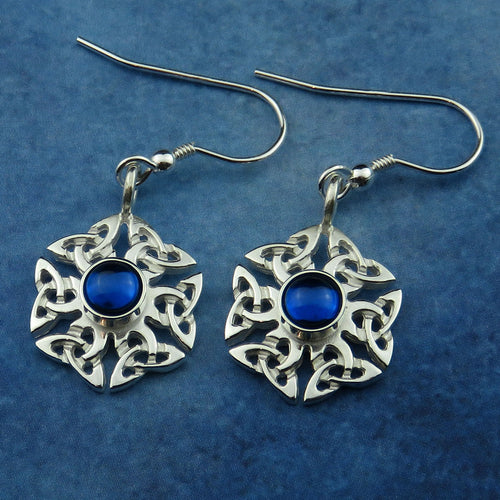 Sapphire (synthetic) birthstone Celtic knotwork silver dangle earrings