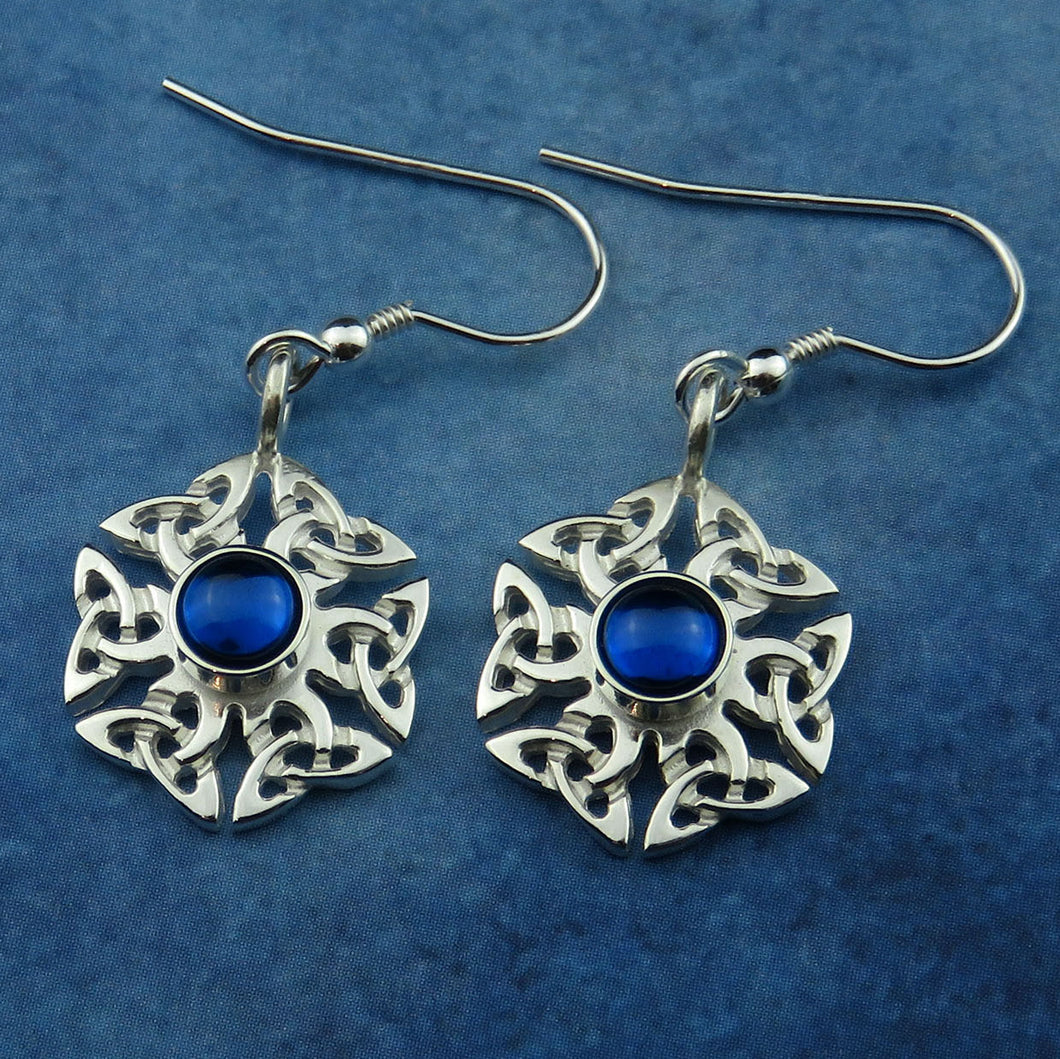 Sapphire (synthetic) birthstone Celtic knotwork silver dangle earrings