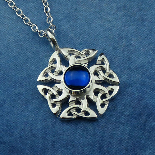 Sapphire (synthetic) birthstone Celtic knotwork silver pendant necklace