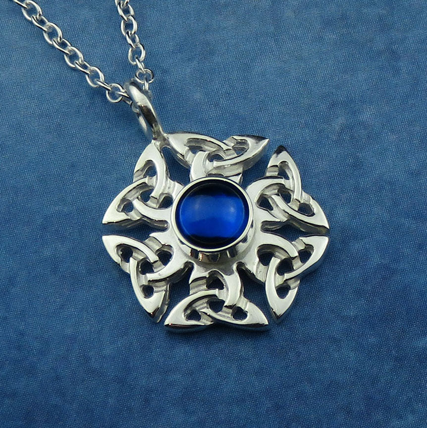 Sapphire (synthetic) birthstone Celtic knotwork silver pendant necklace