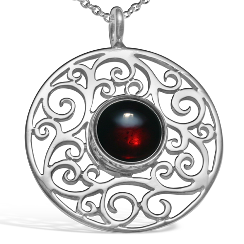 Scrollwork silver pendant necklace with garnet stone