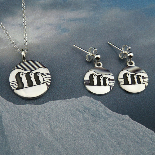 Three Little Penguins silver pendant necklace and ball stud earrings set