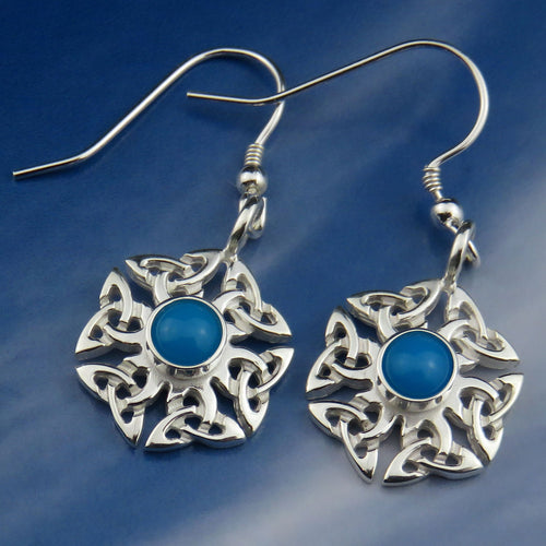 Turquoise birthstone Celtic knotwork silver dangle earrings